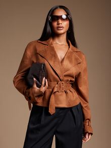 Radiana Autumn/Winter Vintage Elegant Fashion Rust Brown Short Trench Coat, Cinched Waist, Suede Jacket, Going Out - Brown - View 3