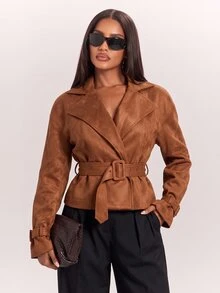 Radiana Autumn/Winter Vintage Elegant Fashion Rust Brown Short Trench Coat, Cinched Waist, Suede Jacket, Going Out - Brown - View 7