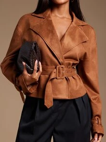 Radiana Autumn/Winter Vintage Elegant Fashion Rust Brown Short Trench Coat, Cinched Waist, Suede Jacket, Going Out - Brown - View 6