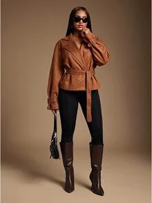 Radiana Autumn/Winter Vintage Elegant Fashion Rust Brown Short Trench Coat, Cinched Waist, Suede Jacket, Going Out - Brown - View 1