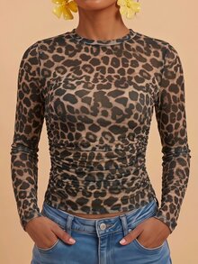Travachic Women's Leopard Print Slim Fit Versatile Daily Wear Long Sleeve Top - Multicolor - View 3
