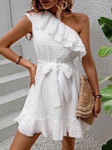 SHEIN Holidaya One Shoulder Ruffle Trim Belted Dress Vacation Beach Outfits Women - White - View 7