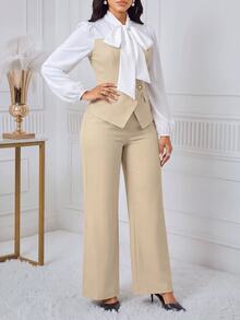 SHEIN Lady 女款兩件套，領結長袖襯衫搭配喇叭褲，優雅風格 - 彩色 - 查看 5