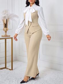 SHEIN Lady 女款兩件套，領結長袖襯衫搭配喇叭褲，優雅風格 - 彩色 - 查看 4