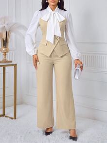 SHEIN Lady 女款兩件套，領結長袖襯衫搭配喇叭褲，優雅風格 - 彩色 - 查看 7