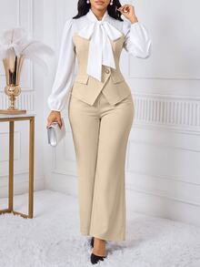 SHEIN Lady 女款兩件套，領結長袖襯衫搭配喇叭褲，優雅風格 - 彩色 - 查看 2