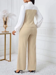 SHEIN Lady 女款兩件套，領結長袖襯衫搭配喇叭褲，優雅風格 - 彩色 - 查看 3