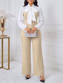 SHEIN Lady 女款兩件套，領結長袖襯衫搭配喇叭褲，優雅風格 - 彩色 - 查看 6