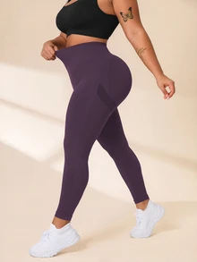 SHEIN Rhythm Era 大尺碼高腰緊身提臀瑜伽健身內搭褲 - 紫色 - 查看 3
