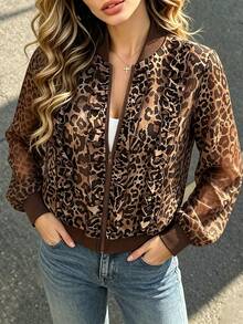 RosyDaze Jaket Wanita Elegan Seksi Serbaguna Motif Leopard dengan Hiasan Ruffle, Pas Badan, Cocok untuk Acara Malam Hari, Warna Cokelat Tua, Musim Gugur - Coklat - View 12