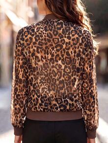 RosyDaze Jaket Wanita Elegan Seksi Serbaguna Motif Leopard dengan Hiasan Ruffle, Pas Badan, Cocok untuk Acara Malam Hari, Warna Cokelat Tua, Musim Gugur - Coklat - View 2