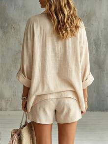 Glimmora Women's Vacation Casual Loose Comfortable Drop Shoulder Button Half-Open Front Top And Shorts Set - Apricot - View 2