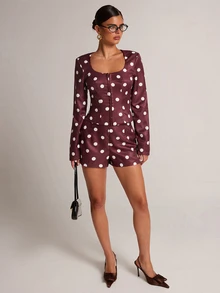 SHEIN BAE BAE White Polka Dot Square Neck Blazer Shorts Set, Long ...