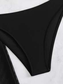 SHEIN Swim 素色抹胸比基尼泳裝带罩衫裤 - 黑色 - 查看 5