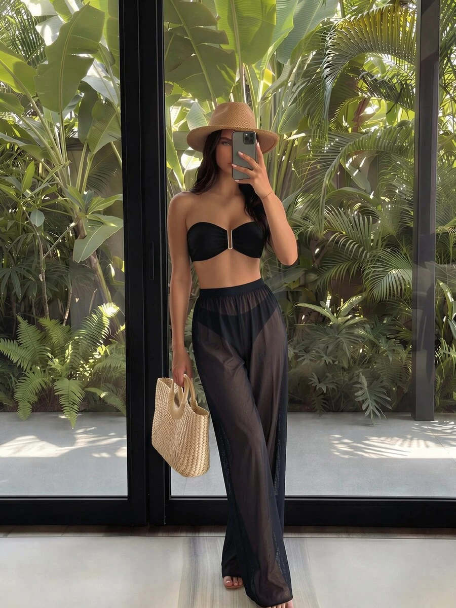 SHEIN Swim 素色抹胸比基尼泳裝带罩衫裤