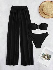SHEIN Swim 素色抹胸比基尼泳裝带罩衫裤 - 黑色 - 查看 6