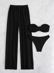 SHEIN Swim 素色抹胸比基尼泳裝带罩衫裤 - 黑色 - 查看 3