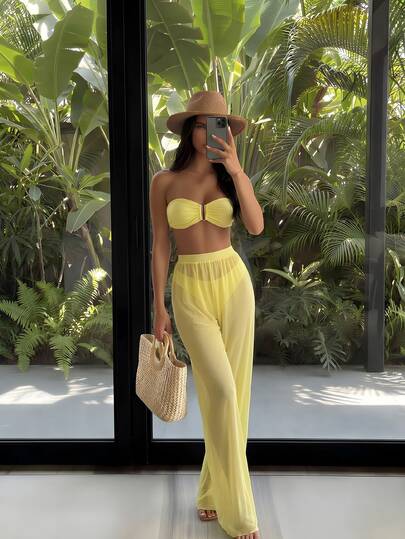 Costavie 3pcs/Set New Yellow Bandeau Top, Triangle Bottoms, And Mesh Beach Pants, Sexy Casual Holiday Party Swimwear, Bikini Set For Women