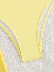 SHEIN Swim 3件套新款黄色抹胸上衣、三角泳裤和网纱沙滩裤，性感休闲假日派对泳装，女士比基尼套装 - 黃色 - 查看 4