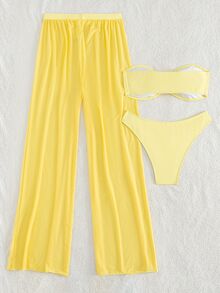 SHEIN Swim 3件套新款黄色抹胸上衣、三角泳裤和网纱沙滩裤，性感休闲假日派对泳装，女士比基尼套装 - 黃色 - 查看 2