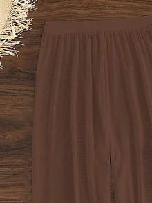 SHEIN Swim 女士纯色褶皱抹胸比基尼套装，带罩衫裤，夏季沙滩装 3 件套 - 咖啡棕 - 查看 4