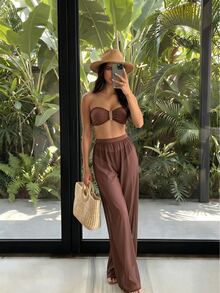 SHEIN Swim 女士纯色褶皱抹胸比基尼套装，带罩衫裤，夏季沙滩装 3 件套 - 咖啡棕 - 查看 1
