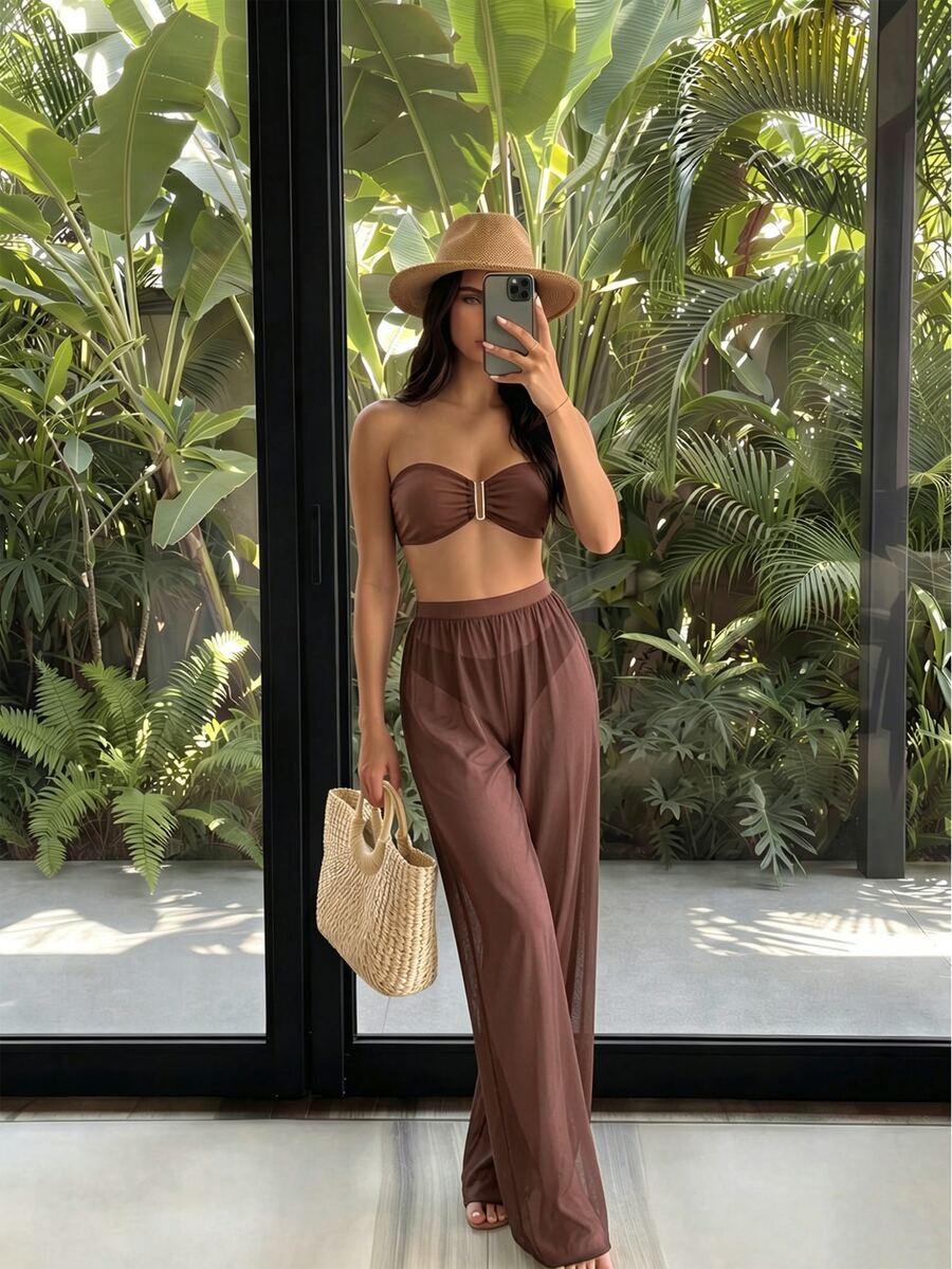 SHEIN Swim 女士纯色褶皱抹胸比基尼套装,带罩衫裤,夏季沙滩装 3 件套 - 咖啡棕 - 查看 1