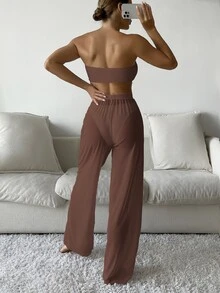 SHEIN Swim 女士纯色褶皱抹胸比基尼套装，带罩衫裤，夏季沙滩装 3 件套 - 咖啡棕 - 查看 2