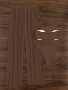 SHEIN Swim 女士纯色褶皱抹胸比基尼套装，带罩衫裤，夏季沙滩装 3 件套 - 咖啡棕 - 查看 5