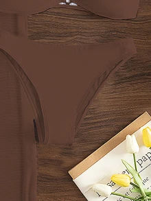 SHEIN Swim 女士纯色褶皱抹胸比基尼套装，带罩衫裤，夏季沙滩装 3 件套 - 咖啡棕 - 查看 3