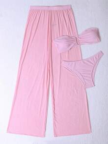 SHEIN Swim Women's Solid Color Simple Daily Bikini Set With Separable Design, 3pcs Summer - Pink - View 6