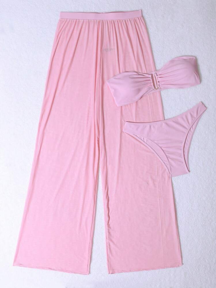 SHEIN Swim Women's Solid Color Simple Daily Bikini Set With Separable Design, 3pcs Summer - Pink - View 6