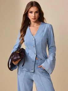 Selenza Women's Elegant Loose Fit Denim Top For Commute And Date - Light Wash - View 3