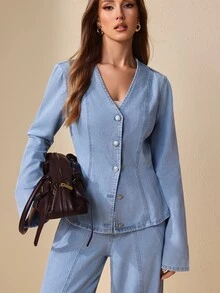 Selenza Women's Elegant Loose Fit Denim Top For Commute And Date - Light Wash - View 4