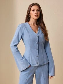Selenza Women's Elegant Loose Fit Denim Top For Commute And Date - Light Wash - View 6