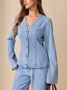 Selenza Women's Elegant Loose Fit Denim Top For Commute And Date - Light Wash - View 5