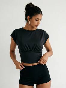 SHEIN Sweetro Women's Casual Versatile Ruched Waist Sports T-Shirt - Black - View 1