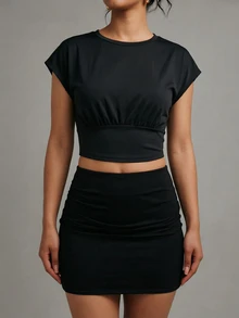SHEIN Sweetro Women's Casual Versatile Ruched Waist Sports T-Shirt - Black - View 3