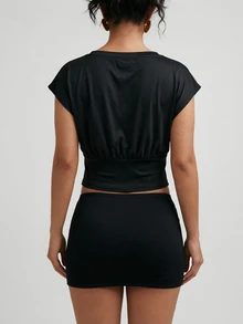 SHEIN Sweetro Women's Casual Versatile Ruched Waist Sports T-Shirt - Black - View 2