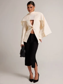 SHEIN BAE 乳白色深V領披肩式西裝外套，附金屬鈕扣，優雅休閒長袖西裝夾克，適合上班、商務晚餐、正式場合、辦公室，夏季秋季穿著 - 白色 - 查看 3