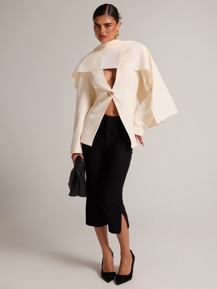 SHEIN BAE Cream White Deep V Neck Cape Blazer With Metal Buttons, Elegant Casual Long Sleeve Suit Jacket For Work Business Dinner Formal Office Summer Fall - White - View 3