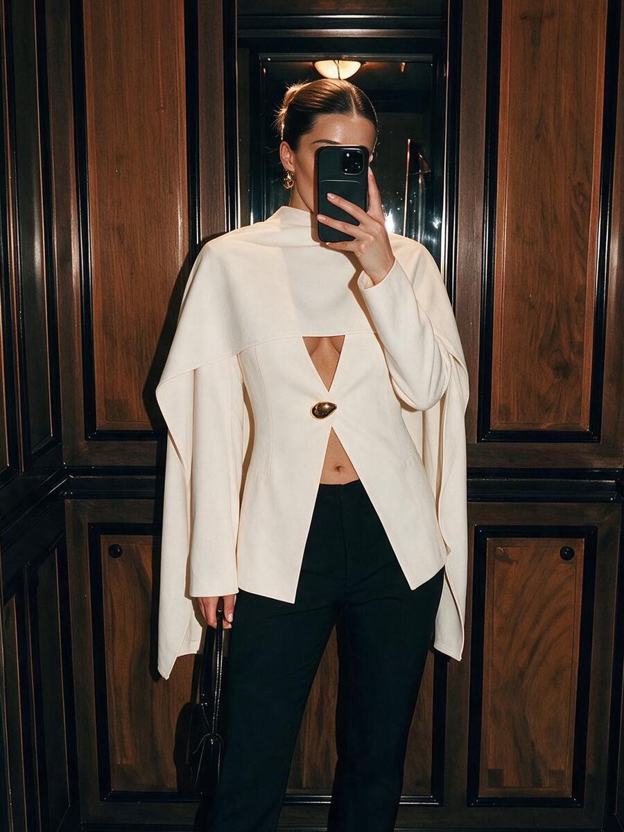 SHEIN BAE Cream White Deep V Neck Cape Blazer With Metal Buttons, Elegant Casual Long Sleeve Suit Jacket For Work Business Dinner Formal Office Summer Fall - White - View 1