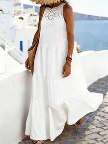 SHEIN Holidaya Women's Fashionable Elegant Floral Ruffled Collared Loose Fit Sleeveless Dress, Casual Linen-Like Pleated Dress, Solid Color Spring/Summer - White - View 8