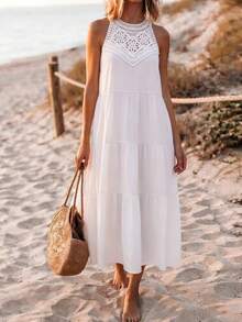SHEIN Holidaya Women's Fashionable Elegant Floral Ruffled Collared Loose Fit Sleeveless Dress, Casual Linen-Like Pleated Dress, Solid Color Spring/Summer - White - View 5