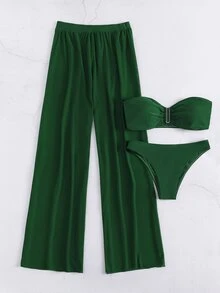 Plain Bandeau Bikini Set With Cover Up Pants Summer - Dark Green - View 4