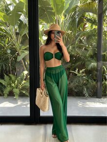 Plain Bandeau Bikini Set With Cover Up Pants Summer - Dark Green - View 1