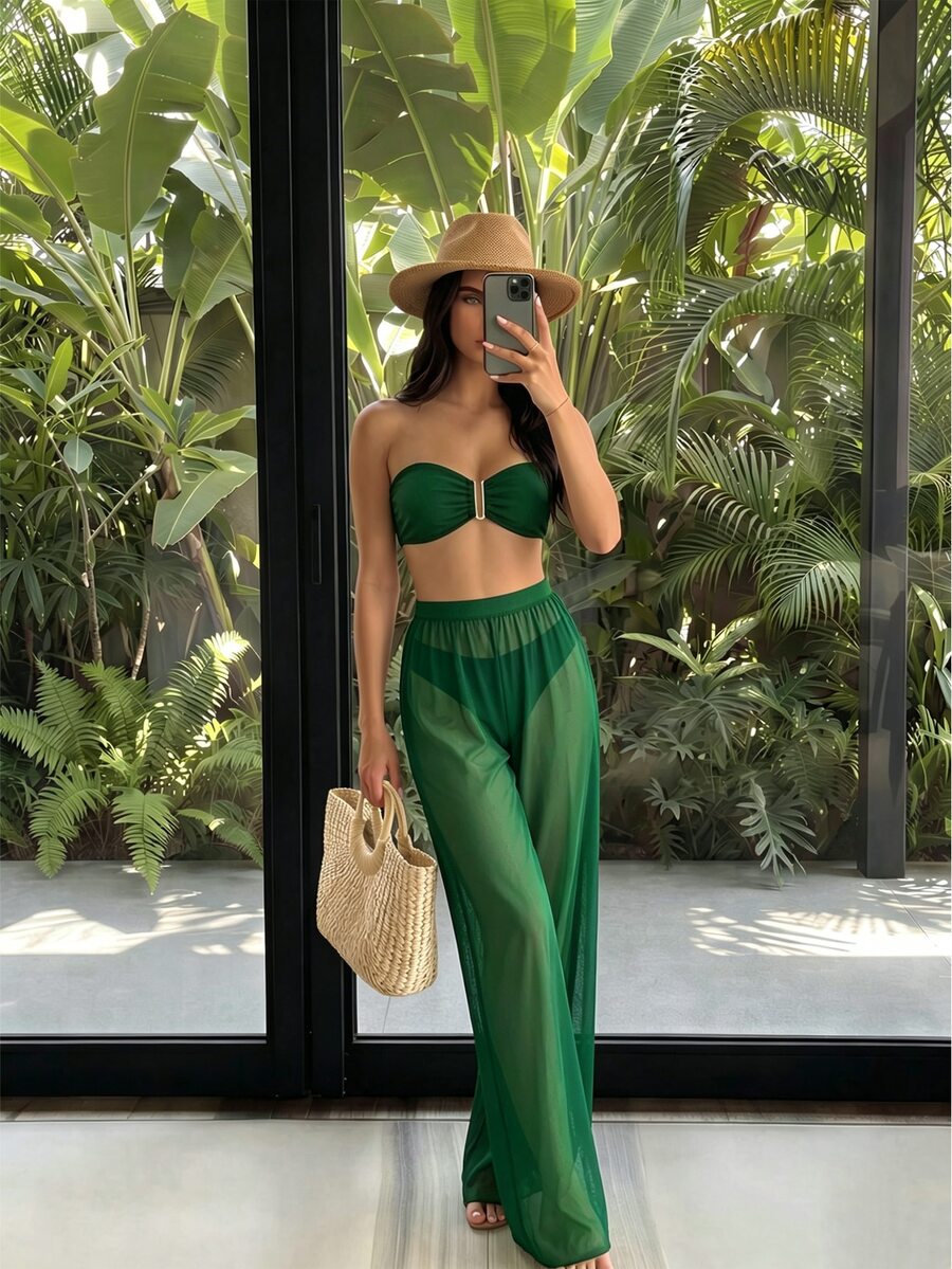 Plain Bandeau Bikini Set With Cover Up Pants Summer - Dark Green - View 1