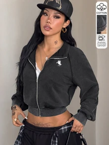 Coolane 女款秋冬外出街頭風日常休閒Y2K純棉水洗Grunge刺繡圖案黑色短版立領外套，適合運動穿搭 - 黑色 - 查看 5