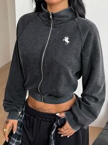 Coolane 女款秋冬外出街頭風日常休閒Y2K純棉水洗Grunge刺繡圖案黑色短版立領外套，適合運動穿搭 - 黑色 - 查看 6