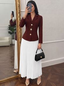 Modelyn Women's Casual Commute Blazer Long Sleeve Asymmetric Button Fitted Jacket, Pleated Skirt Two Pieces Set, Autumn/Winter - Rust Brown - View 5
